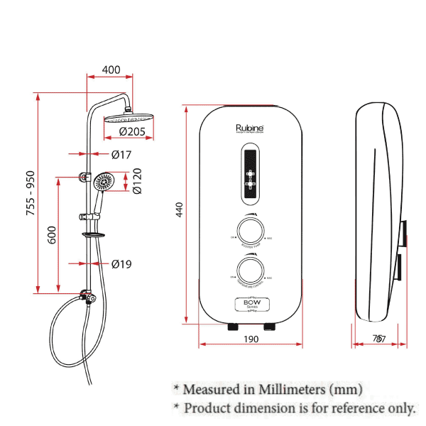 Rubine Instant Water Heater RHW 2388BHP measurement